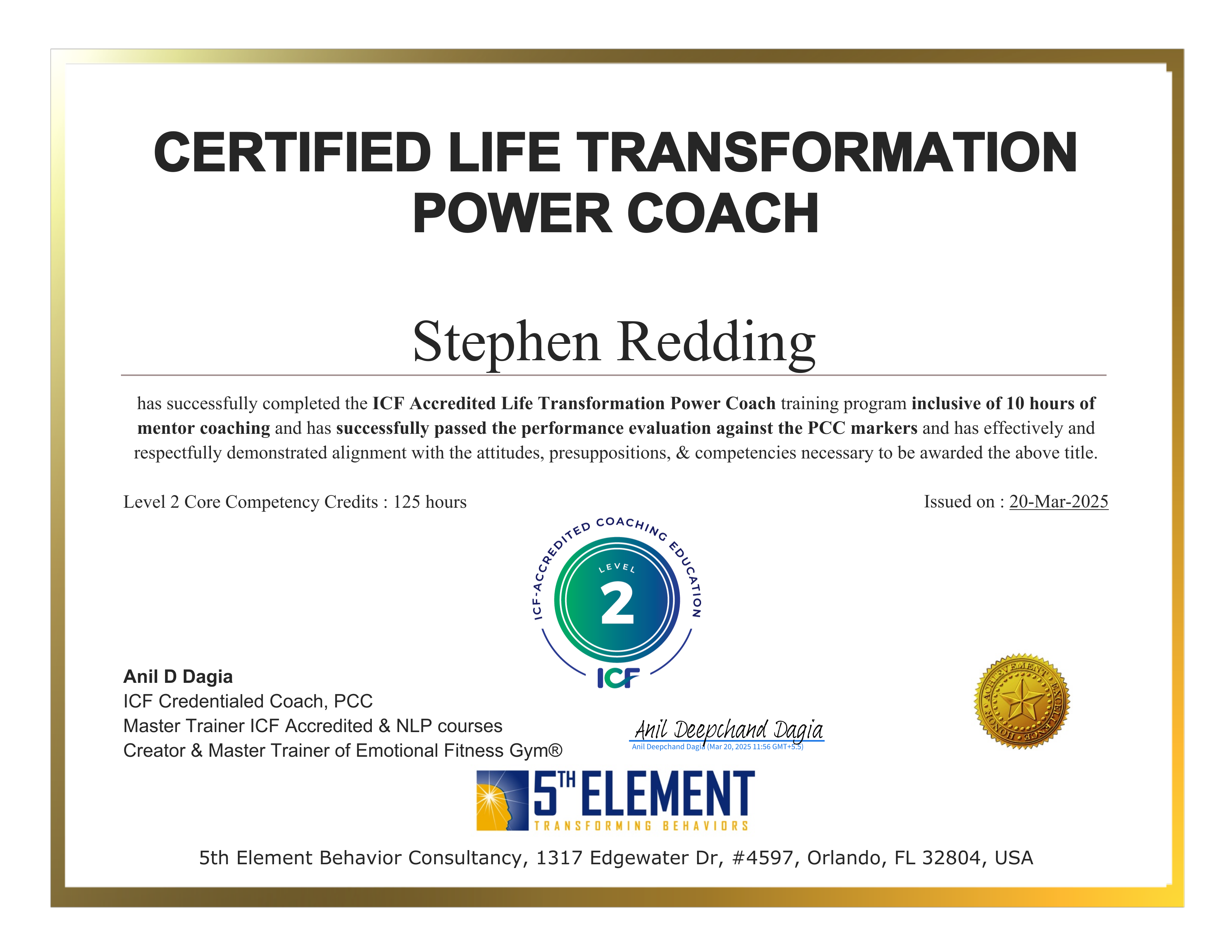 Life Transformation Power Coach certificate