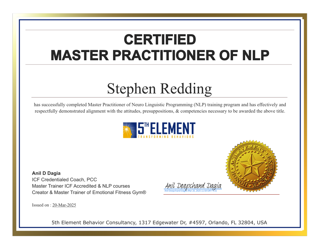 Master Practitioner of NLP certificate